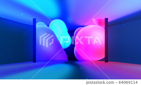 Spheres or balls in room merge like liquid wax drops or metaballs in-air. Liquid gradient of rainbow colors on drops with multi-colored glow, scattering light inside. 3d render 8 64069114