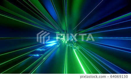 Sci-fi tunnel with neon lights. Abstract high-tech tunnel as background in the style of cyberpunk or high-tech future. Blue green colors 14 64069130
