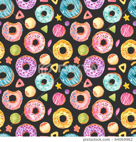Hand painted bright watercolor donuts seamless... - Stock Illustration ...