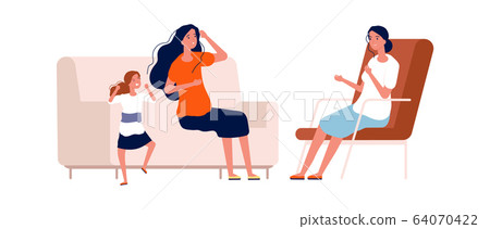 Children psychologist. Angry baby girl, bad manners. Tired mother and screaming daughter. Mental problems, psychotherapy vector concept 64070422
