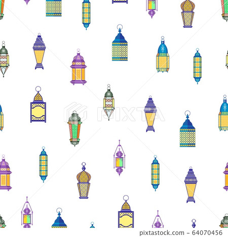 Arab lamps pattern. Vintage oriental lanterns, flat islamic decorative lights vector background 64070456