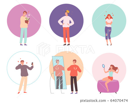 Narcissistic people. Handsome person attracted male and female characters vanity vector peoples 64070474