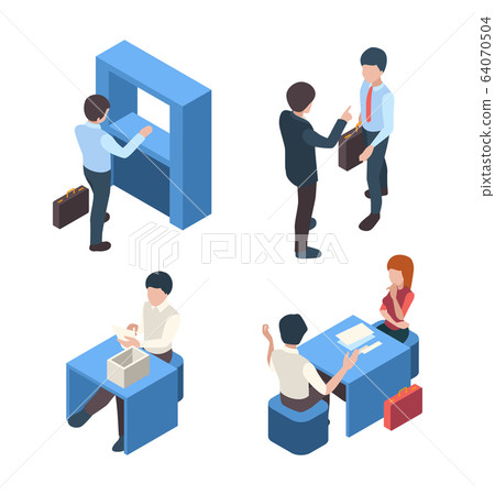 Bank managers. Business stuff client service people banking customers reception person vector isometric characters Bank managers. Business stuff client service people banking customers reception person vector isometric characters 64070504