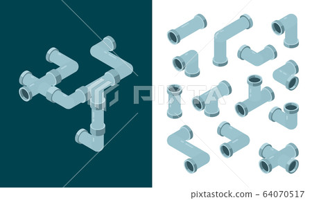 Industrial pipes. Oil or water plastic tubes steel pipes connections vector isometric set 64070517