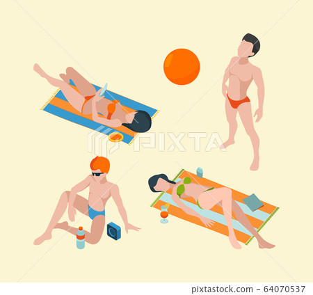Summer people isometric. Male and female vacation characters in summer clothes vector persons collection Summer people isometric. Male and female vacation characters in summer clothes vector persons collection 64070537