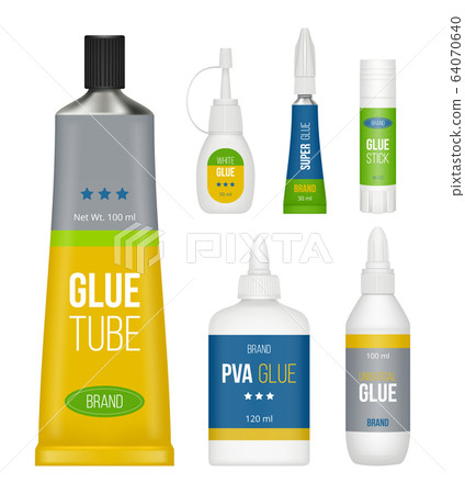 Glue packages. Stationary collection bottles stick tubes for liquid glue vector realistic set 64070640
