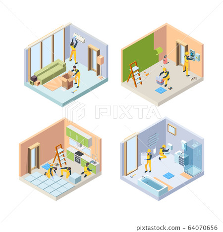 Repair isometric. Renovate floor painting walls repair bathroom house rooms vector illustrations people Repair isometric. Renovate floor painting walls repair bathroom house rooms vector illustrations people 64070656