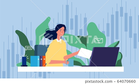 Business woman at work. Financier girl, successful investment. Freelance and work at home, happy manager at the computer 64070660