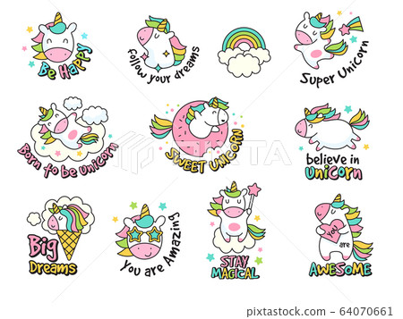 Unicorn labels collection. Retro fashioned stickers and badges with fantasy funny characters vector set 64070661