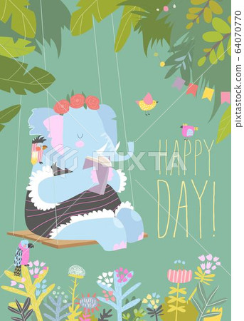 Cute cartoon elephant reading book and swinging on swing Cute cartoon elephant reading book and swinging on swing 64070770