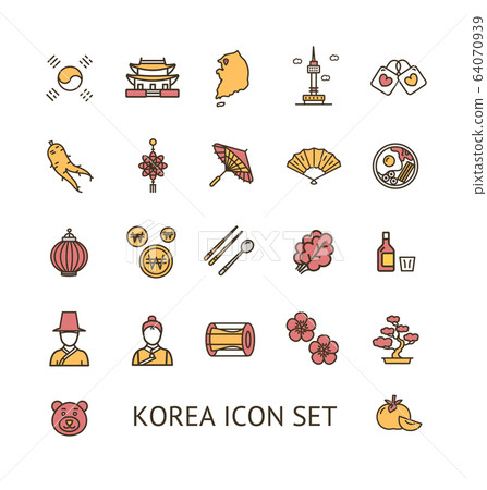 Korea Sign Color Thin Line Icon Set. Vector 64070939