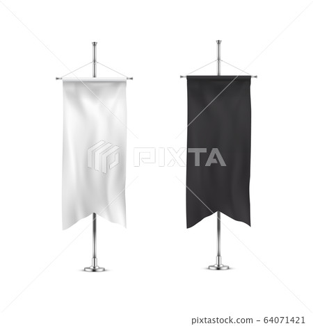 Vertical banners hanging on a metal flagpole white and black flags templates. Vertical banners hanging on a metal flagpole white and black flags templates. 64071421
