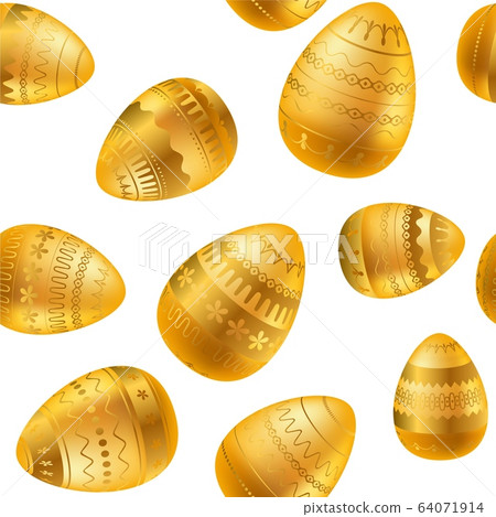 Easter egg. Pattern with realistic Easter eggs. Seamless texture vector illustration. Religious holiday background decoration. Golden eggs with gold ornaments on white background. Happy Easter Easter egg. Pattern with realistic Easter eggs. Seamless texture vector illustration. Religious holiday background decoration. Golden eggs with gold ornaments on white background. Happy Easter 64071914