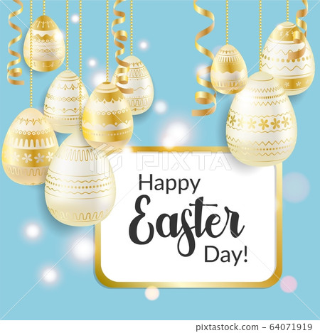 Easter egg. Easter greeting card with golden eggs, ribbons, shiny effect. Religious holiday vector illustration for poster, flyer. Decorating eggs with ribbons. Happy Easter 64071919