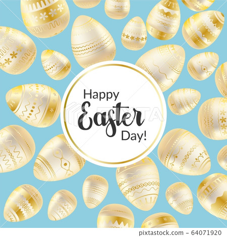 Easter egg. Easter greeting card with golden eggs. Religious holiday vector illustration for poster, flyer. Decorating golden eggs with ornaments on blue background. Happy Easter 64071920