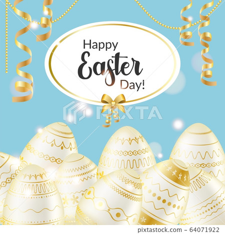 Easter egg. Easter greeting card with golden eggs, ribbons, shiny effect. Religious holiday vector illustration for poster, flyer. Decorating eggs with ribbons. Happy Easter Easter egg. Easter greeting card with golden eggs, ribbons, shiny effect. Religious holiday vector illustration for poster, flyer. Decorating eggs with ribbons. Happy Easter 64071922