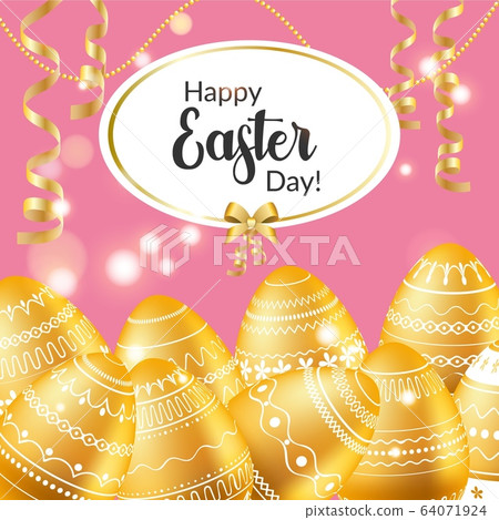 Easter egg. Easter greeting card with golden eggs, ribbons, shiny effect. Religious holiday vector illustration for poster, flyer. Decorating eggs with ribbons. Happy Easter Easter egg. Easter greeting card with golden eggs, ribbons, shiny effect. Religious holiday vector illustration for poster, flyer. Decorating eggs with ribbons. Happy Easter 64071924