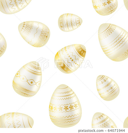 Easter egg. Pattern with realistic Easter eggs. Seamless texture vector illustration. Religious holiday background decoration. White eggs with gold ornaments on white background. Happy Easter Easter egg. Pattern with realistic Easter eggs. Seamless texture vector illustration. Religious holiday background decoration. White eggs with gold ornaments on white background. Happy Easter 64071944