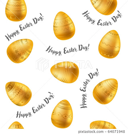 Easter egg. Pattern with realistic Easter eggs. Seamless texture vector illustration. Religious holiday background decoration. Golden eggs with gold ornaments on white background. Happy Easter Easter egg. Pattern with realistic Easter eggs. Seamless texture vector illustration. Religious holiday background decoration. Golden eggs with gold ornaments on white background. Happy Easter 64071948