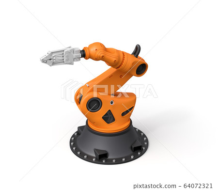 3d rendering of orange robotic arm with grey gripper standing on white background. 3d rendering of orange robotic arm with grey gripper standing on white background. 64072321