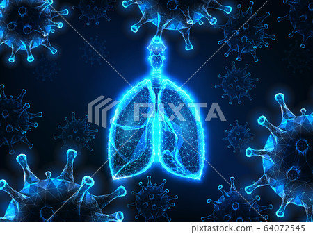 Futuristic covid-19 coronavirus caused viral pneumonia banner with glowing human lungs and viruses 64072545