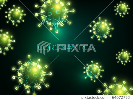 Futuristic coronavirus outbreak abstract background with glowing low polygonal virus cells 64072793