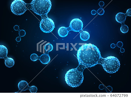 Futuristic science web banner with glowing low polygonal water molecules on dark blue background. 64072799