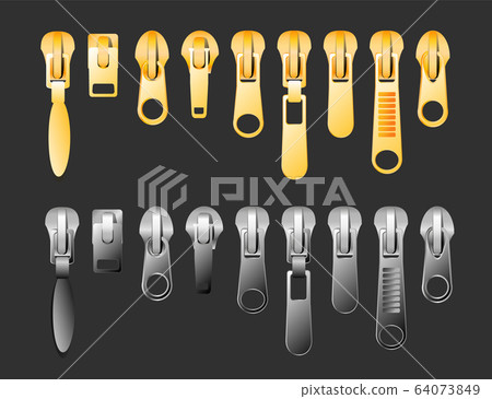 zipper Set of gold and silver metallic closed and open zippers and pullers realistic set isolated on black background vector illustration zipper Set of gold and silver metallic closed and open zippers and pullers realistic set isolated on black background vector illustration 64073849