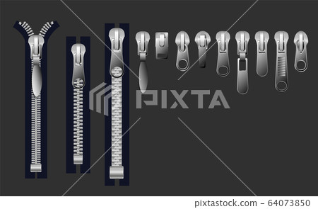 Metal and plastic fasteners, zippers. Garment components and handbag accessories vector set. Fastener and zipper isolated, realistic zippered accessories illustration Metal and plastic fasteners, zippers. Garment components and handbag accessories vector set. Fastener and zipper isolated, realistic zippered accessories illustration 64073850