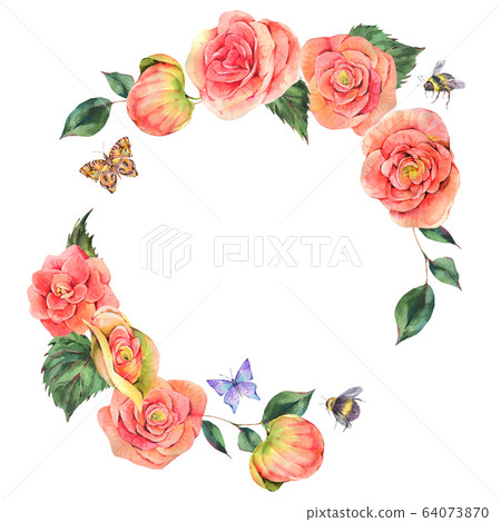 Watercolor vintage summer wreath begonia flowers 64073870