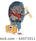 Hedgehog tourist. Sits on a suitcase. Vector illustration on a white background. 64073911