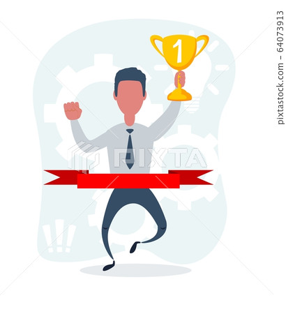 Happy businessman crosses finish line with trophy cup, gold medal, for business competition or Happy businessman crosses finish line with trophy cup, gold medal, for business competition or 64073913