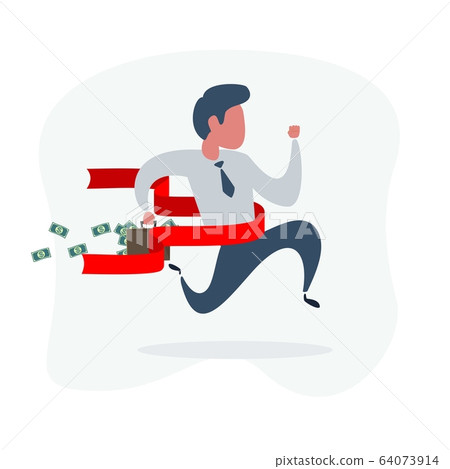 Full length portrait of a businessman running at the finish line isolated on white background Full length portrait of a businessman running at the finish line isolated on white background 64073914