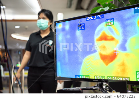 People waiting for temperature check by thermoscan 64075222
