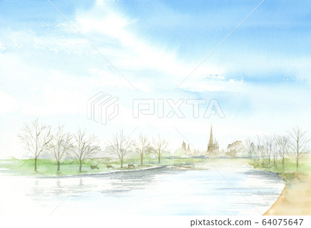 Riverside Bourton-on-the-Water watercolor 64075647