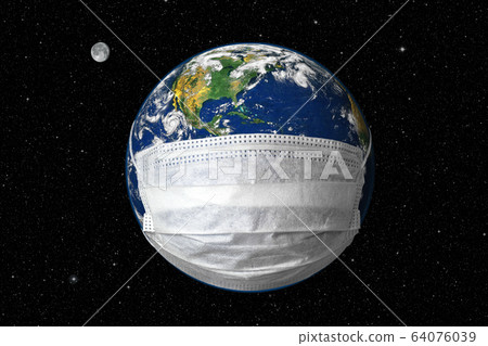 Earth in medical mask on star sky background, Earth in medical mask on star sky background, 64076039