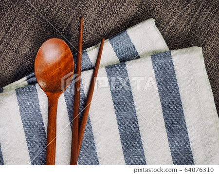 Korean traditional wooden spoon and wooden chopsticks background 64076310