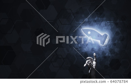 Technology idea concept with glowing rocket icon and touching it Technology idea concept with glowing rocket icon and touching it 64078784