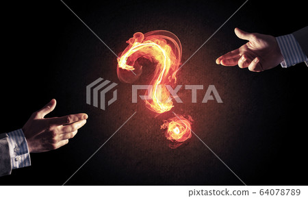 Concept of help or support with fire burning question mark and c Concept of help or support with fire burning question mark and c 64078789