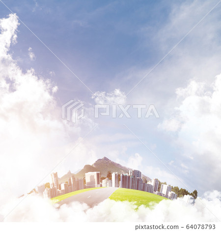 Concept of eco green life as elegant business center on white clouds Concept of eco green life as elegant business center on white clouds 64078793
