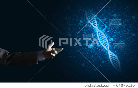 Science medicine and technology concepts as DNA molecule on dark background with connection lines 64079130