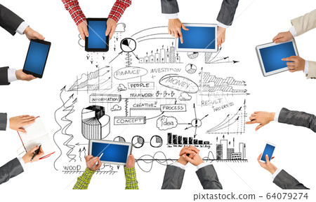 Top view of businesspeople sitting at table and using gadgets Top view of businesspeople sitting at table and using gadgets 64079274