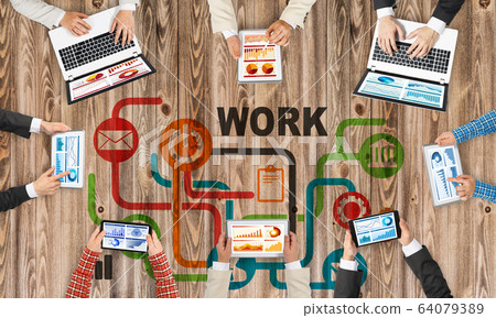 Top view of businesspeople sitting at table and using gadgets Top view of businesspeople sitting at table and using gadgets 64079389