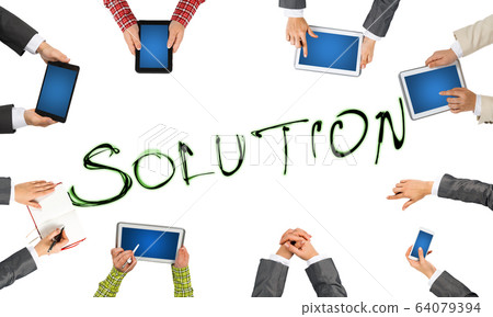 Top view of businesspeople sitting at table and using gadgets Top view of businesspeople sitting at table and using gadgets 64079394