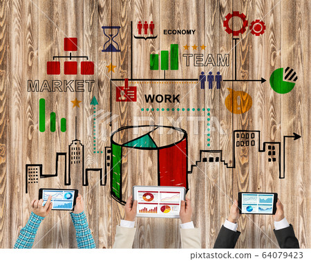 Top view of businesspeople sitting at table and using gadgets Top view of businesspeople sitting at table and using gadgets 64079423
