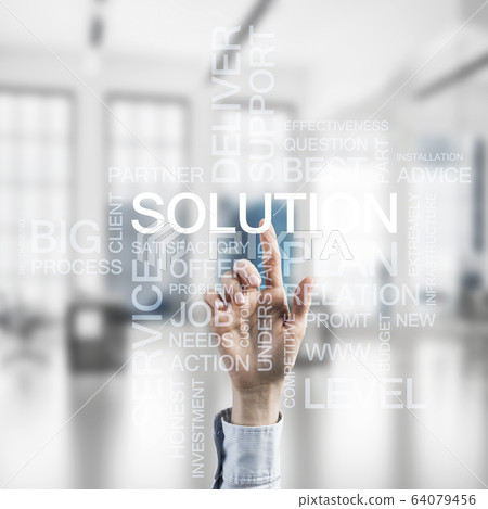 Concept of modern business with palm choocing on of keywords for Concept of modern business with palm choocing on of keywords for 64079456