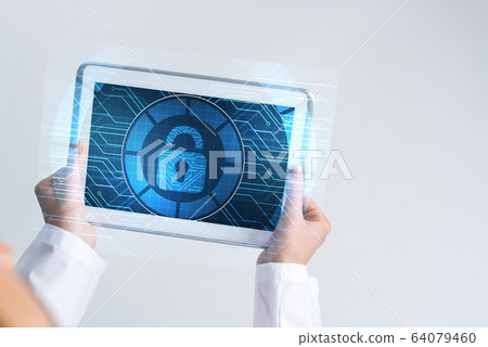 Close of female doctor hands working with tablet pc computer Close of female doctor hands working with tablet pc computer 64079460