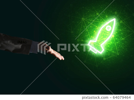 Man palm presenting Rocket web icon as technology concept Man palm presenting Rocket web icon as technology concept 64079464