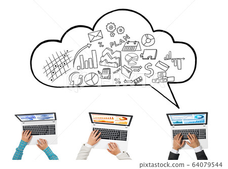 Top view of businesspeople sitting at table and using gadgets Top view of businesspeople sitting at table and using gadgets 64079544