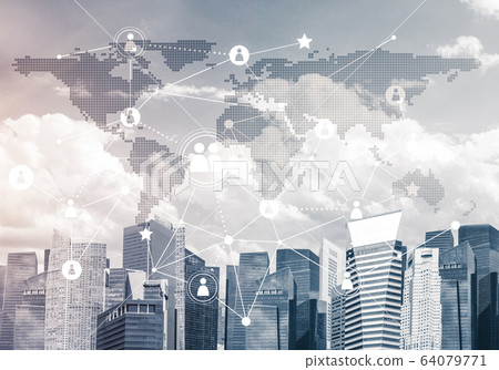 Modern city and social net as concept for global networking Modern city and social net as concept for global networking 64079771
